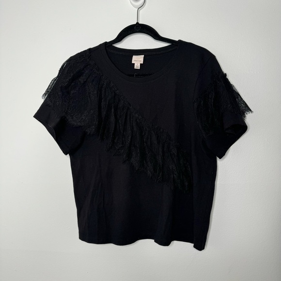Cinq a Sept Mia Black Lace Ruffle Cotton Short Sleeve Top medium - Picture 2 of 9